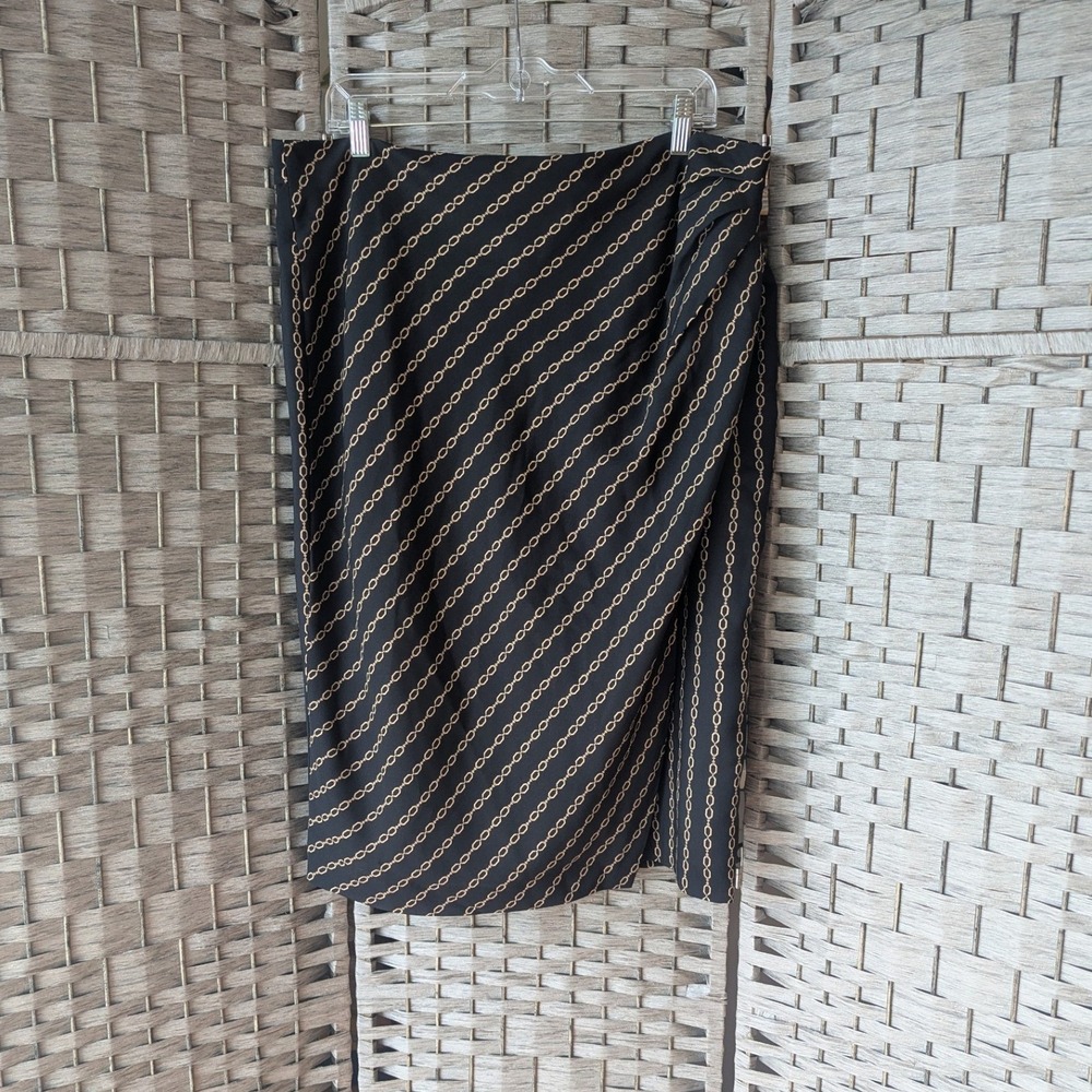 Ann Taylor Pencil Skirt Black Gold Chain Link Pleated Faux Wrap Sz 16 Classic